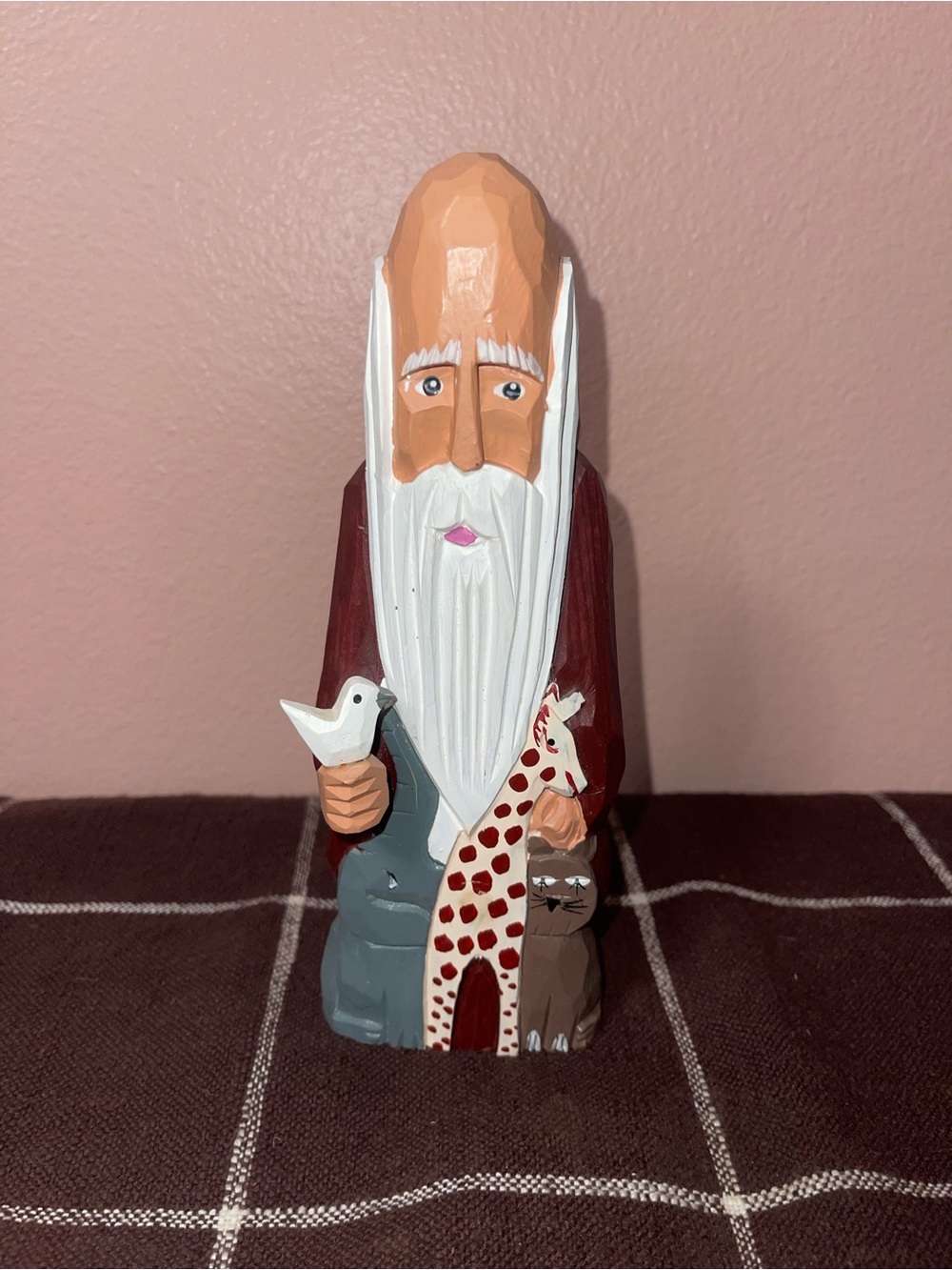 Hand Carved Wooden Noah Figure with Dove & Animals Folk Art Hand Painted Vintage